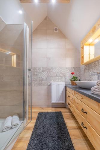 a bathroom with a shower and a sink at Villa Kierpcóweczka in Kościelisko