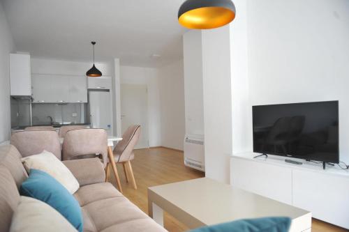 uma sala de estar com um sofá e uma televisão de ecrã plano em Cassiopeia Apartament em Tirana