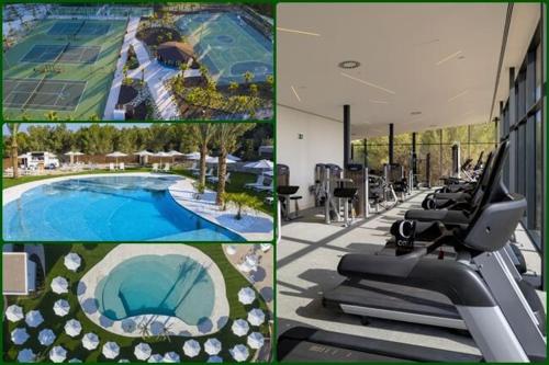 uma colagem de fotos de um ginásio com uma passadeira e uma piscina em Villa Paolina in urb Las Colinas em Orihuela Costa
