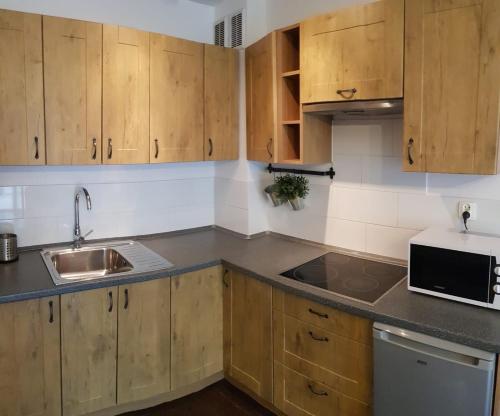 eine Küche mit Holzschränken, einer Spüle und einer Mikrowelle in der Unterkunft Apartament Bursztynowy Jantar 2 pokojowy in Jantar