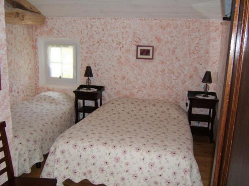 a bedroom with two beds and two tables with lamps at Chambres d'Hôtes Domaine d'En Baleux in Labruguière