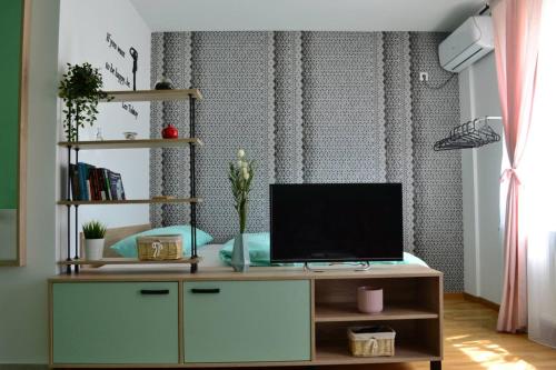 um quarto com uma secretária e uma televisão em Mateja Apartment em Novi Sad