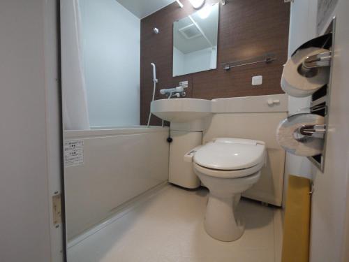Hotel Route-Inn Nihonmatsu في Nihommatsu: حمام صغير مع مرحاض ومغسلة