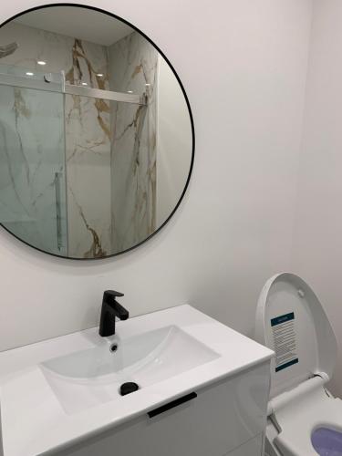 a bathroom with a white sink and a mirror at Hillcrest Modern House in Toronto
