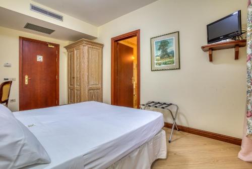 a bedroom with a bed and a flat screen tv at Hotel Des Reves in SantʼElia Fiumerapido