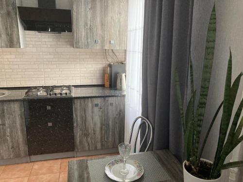 een keuken met een tafel met een plant erop bij Apartment Artynova 29 in Vinnytsya
