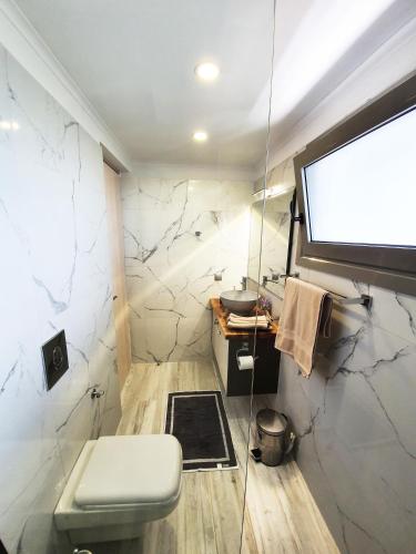 a bathroom with a toilet and a projection screen at euphoria villas - Gaia & Aura in Agios Nikitas