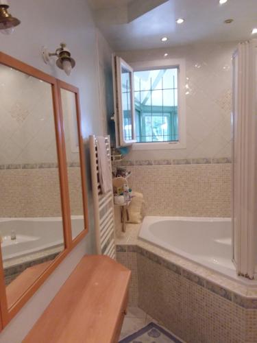 une salle de bain avec une grande baignoire et une fenêtre dans l'établissement B&B La Forêt de Charmeuse, à Ruaudin