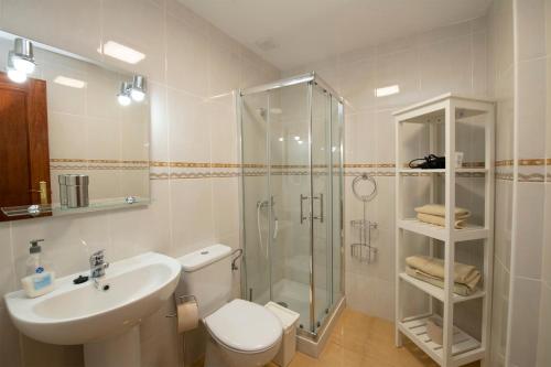a bathroom with a toilet and a shower and a sink at Miramar 4 in San Sebastián de la Gomera
