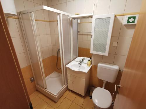 ein Bad mit einer Dusche, einem Waschbecken und einem WC in der Unterkunft NICO in Novalja
