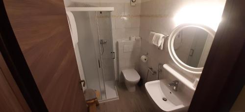 een badkamer met een wastafel, een toilet en een spiegel bij Albergo Alle Fasse in Brenzone sul Garda