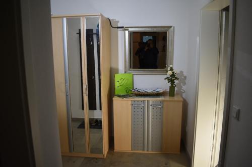 a dressing room with a mirror and a dresser with a dresser at Ferienwohnungen an der Liebesleite Anita Pratsch in Riedenburg