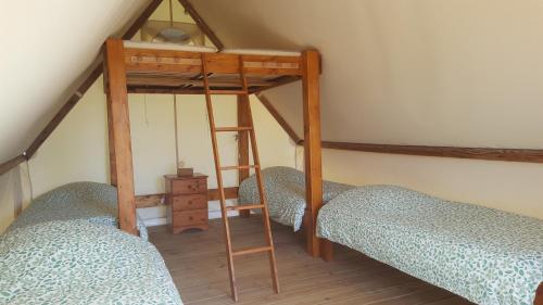 two beds in a room with a bunk bed at La P'tite ferme de la Vie in Survie