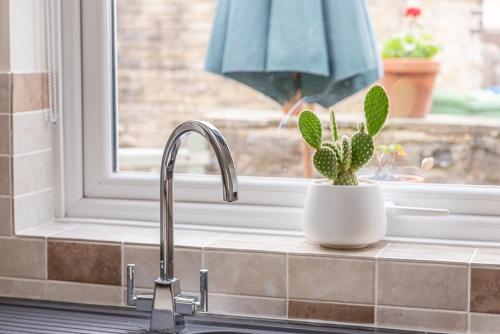 a kitchen sink with a faucet and a plant in a window at Dales Edge - Skipton in Skipton