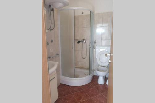 ein Bad mit einer Dusche, einem WC und einem Waschbecken in der Unterkunft Apartment LEA - Amazing sea view in Sreser