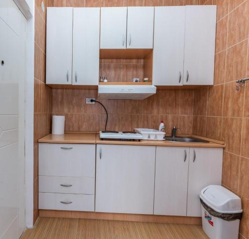 een keuken met witte kasten en een wastafel bij Studio Koral in Soko Banja