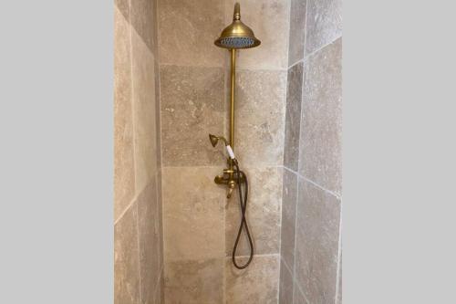 une douche avec pommeau de douche dans une salle de bain dans l'établissement CHARMANTE MAISON DE CAMPAGNE DU 17ème siècle à Lilette avec Jacuzzi et proche rivière, à Buxeuil
