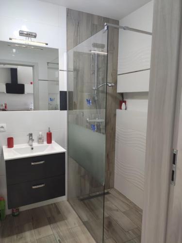 a bathroom with a sink and a glass shower at Kołobrzeg apartament Osiedle Bursztynowe ul baltycka 11 b in Kołobrzeg