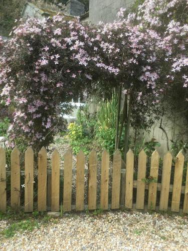 a wooden fence with a tree with purple flowers at Littlebank Country House in Settle