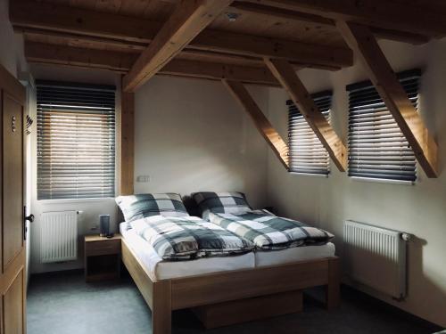 a bedroom with a bed in a room with windows at Kameňácká myslivna in Moravany
