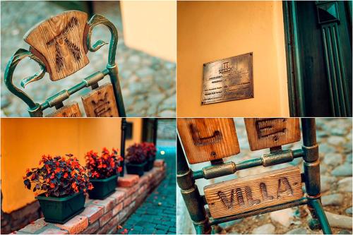 eine Collage von Bildern mit einer Bank und Blumen in der Unterkunft Boutique Hotel Villa P in Uschhorod