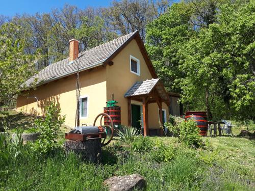 a small house in the middle of a field at Cottage by the woods in Balatonhenye