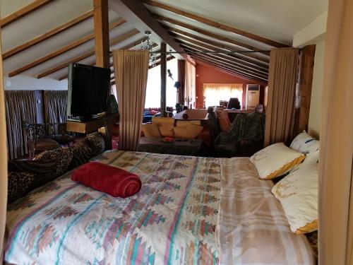 a bedroom with a large bed with a red pillow on it at The House in the Meadow in Ioannina