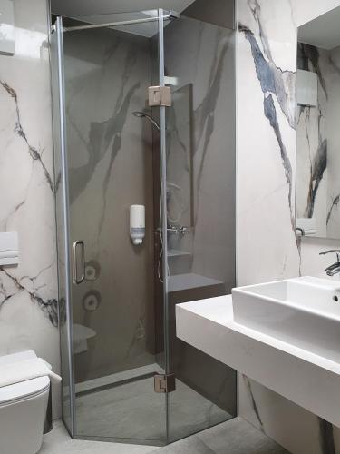 a bathroom with a shower and a sink at Vila Topaz in Baile Felix