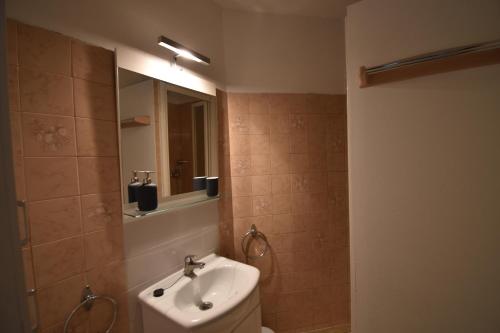 ein Badezimmer mit einem Waschbecken, einem WC und einem Spiegel in der Unterkunft T2 rénové en centre ville Port Royal in Le Grau-du-Roi