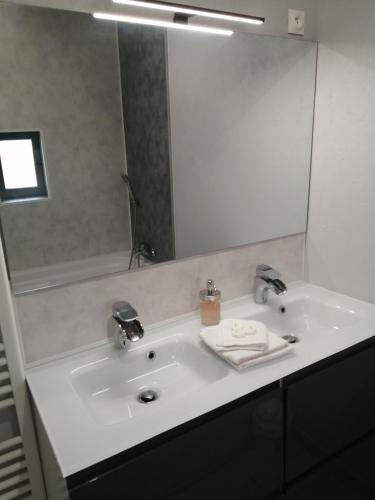 a white bathroom sink with a large mirror at Le sourire de Mona Lisa in Amboise