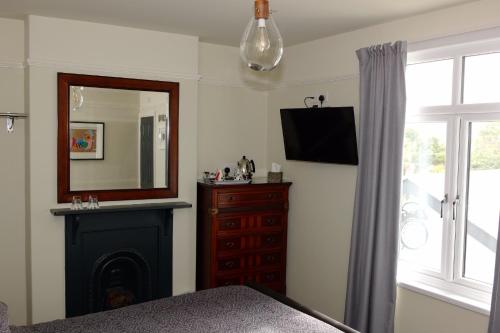 a bedroom with a fireplace and a mirror and a bed at Bedlam House in Newquay