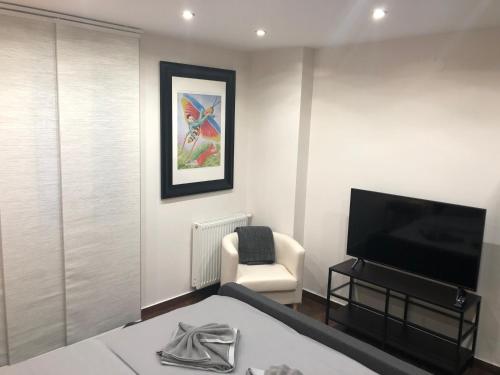 a room with a bed and a tv and a chair at Ioannina Luxury Suites & Apartments in Ioannina