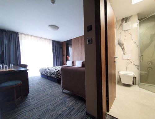une chambre d'hôtel avec un lit et une fenêtre dans l'établissement Vila Topaz, à Băile Felix