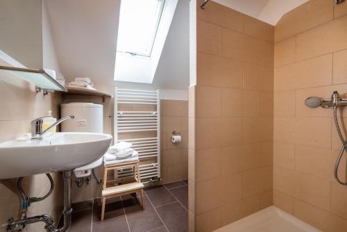 W łazience znajduje się umywalka i prysznic. w obiekcie Ubytovanie&Reštaurácia Bodliak w Żarze