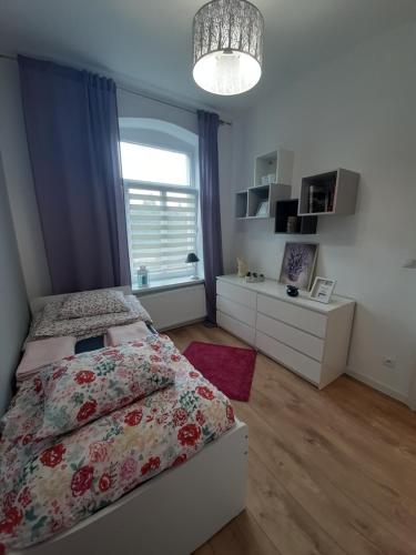 a bedroom with a bed and a window at Apartament Sasanka in Kowary