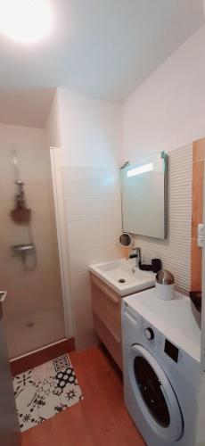 une salle de bain avec une machine à laver et un lavabo dans l'établissement LA BIGEONNIERE Appartement 1 chambre résidence avec piscine proche centre, à Saint-Jean-de-Monts