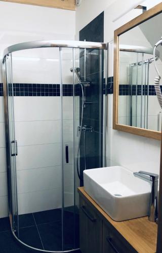 a bathroom with a glass shower and a sink at Kameňácká myslivna in Moravany