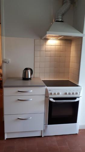 - une cuisine avec cuisinière et pot dans l'établissement la maison du potier proche de Guedelon, à Saint-Amand-en-Puisaye