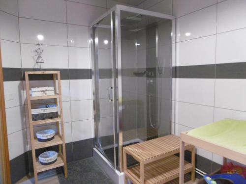 - une douche avec une porte en verre dans la chambre dans l'établissement Chambre d'hotes de la Mousse, à Saint Remy sur Orne