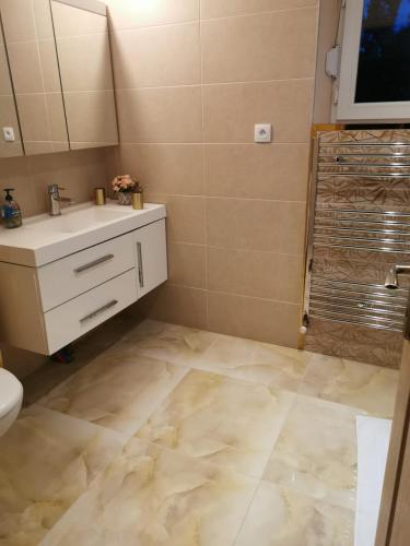 a bathroom with a sink and a mirror at Grande Villa de Prestige près de Paris Réunions Familiales, Professionnelles et Événements in Gien