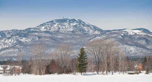 a mountain with snow and trees in front of it at À Amour et Amitié in Magog-Orford