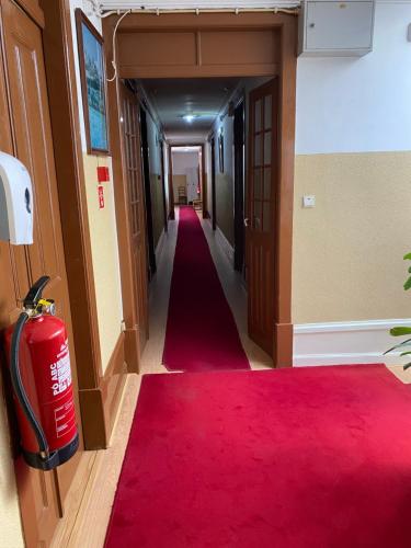 a long hallway with a red carpet and a fire extinguisher at Guesthouse Lusa Atenas in Coimbra