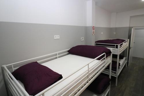 two bunk beds in a room with purple pillows at Madrid Downtown Hostel in Madrid