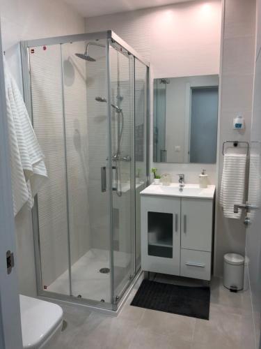 マドリードにあるL&G Madrid Apartmentsのシャワーと洗面台付きのバスルーム