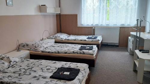 a room with three beds and a sink in it at Penzion Bezděkov in Rakovník