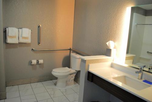 een badkamer met een toilet, een wastafel en een spiegel bij Holiday Inn Express & Suites - Columbia City, an IHG Hotel in Columbia City