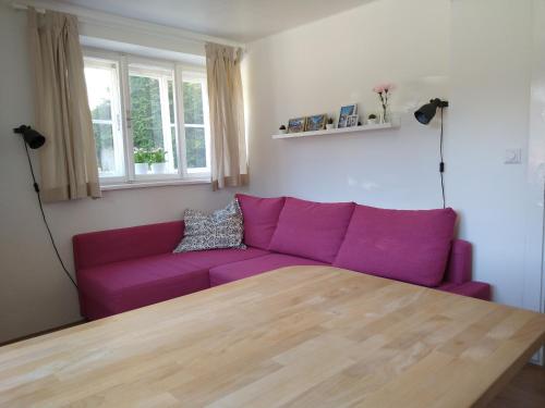ゴーザウにあるAppartement Haarlem Gosauのリビングルーム(紫色のソファ、テーブル付)