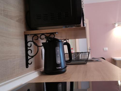 ein schwarzer Wasserkocher auf einer Theke unter einer Mikrowelle in der Unterkunft Apartma F&M in Bovec