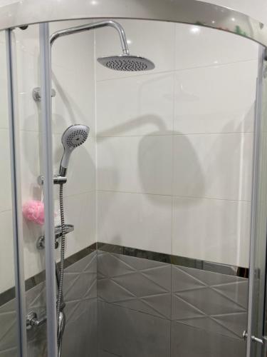 um chuveiro com uma porta de vidro na casa de banho em VIP Apartments em Krosno Odrzańskie