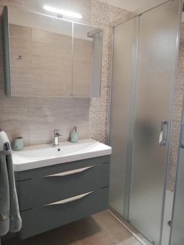 a bathroom with a sink and a shower at Riviera Rooms and Apartments in Rab